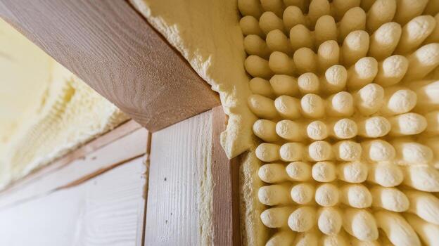 Insulation Foam Fills Space Around Frame in Home Construction photo