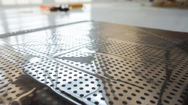 Shiny Perfored Metal Sheet With Circles on a White Surface Indoors photo