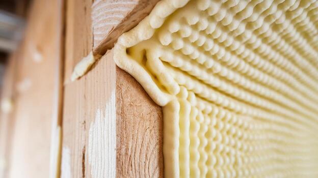 Close up of Expanding Foam Insulation Filling the Gap Between Wood Studs photo