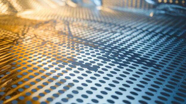 Perforated Metal Surface Shows Golden and Blue Gradients With Repeated Patterns photo