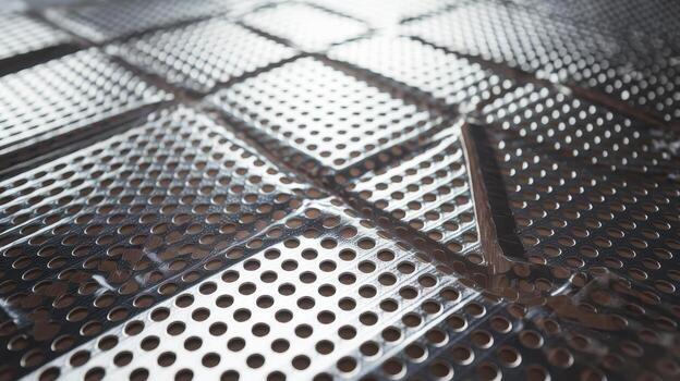 Close up of Silver Perforated Metal Panel With Square Pattern Reflects Light photo