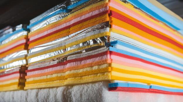 Stacked Colorful Foam Sheets With Reflective Layers at the Warehouse photo