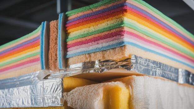 Multi Layered Insulation Shows Materials and Colored Foam, With Foil Covering Other Layers photo