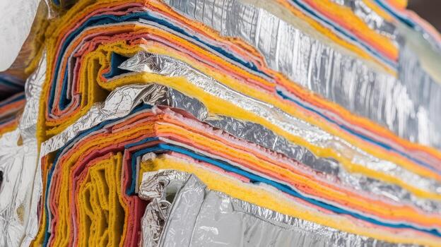 Layers of Insulation Material With Aluminum Foil Creating a Colorful Pattern photo