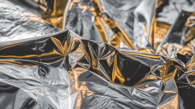 Close up View of Crinkled Metallic Wrapping Paper With Gold Sheen photo