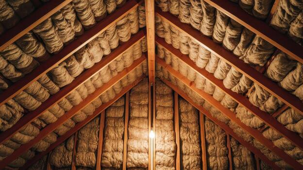 Insulated House Attic Ceiling and Rafters With Light Fixture at Night photo