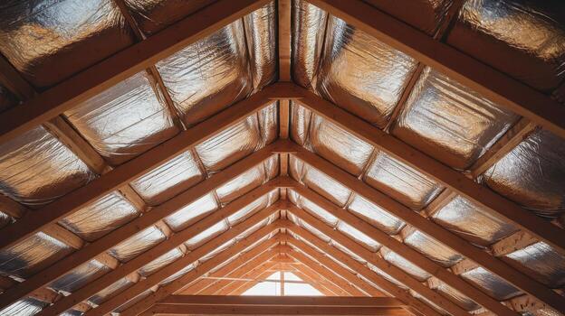 Rafters and Insulation Create a Pattern in Roof of New Home During Daytime photo