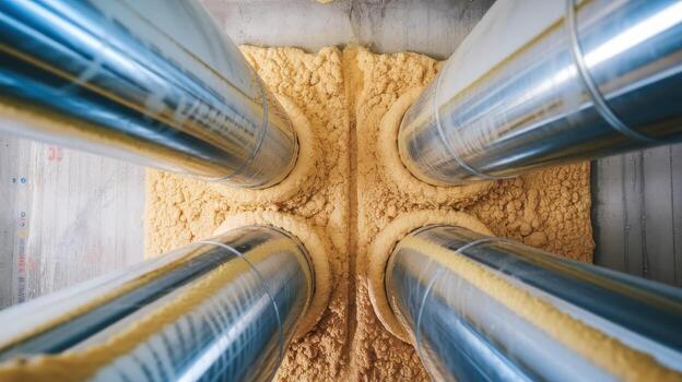 Four Shiny Ducts Surrounded by Dense Insulation Material photo