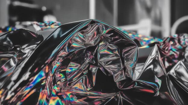Close up of Holographic Foil Reflecting Light Creating Abstract Geometric Patterns photo