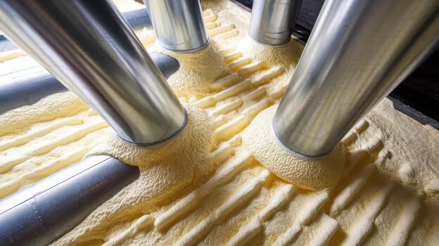 Spray Foam Insulation Being Applied With Metal Tubes in Building Process photo