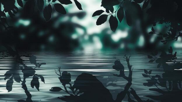 Serene View of Water With Leafy Silhouettes in Foreground photo