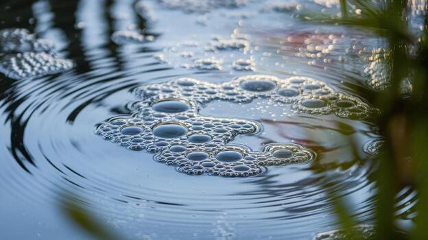 Bubbles Collect on the Surface of a Still Pond at Sunset in a Natural Setting photo