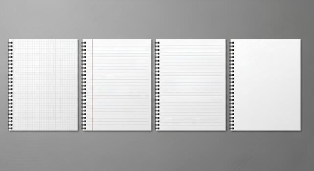 Set of Spiral Bound Notebook Pages Grid Ruled, Wide Ruled, and Blank Paper Top View Mockup photo