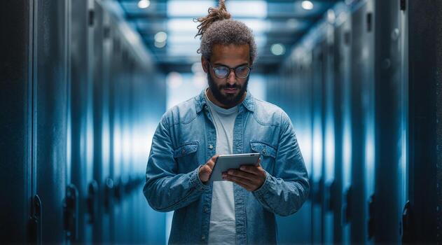 Man with dreadlocks using tablet in server room with blue lighting and rows of server racks visible photo
