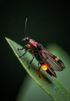 Glowing firefly perched on a leaf with illuminated abdomen against dark natural background photo
