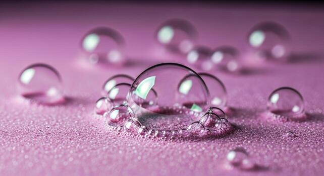 Delicate clear bubbles resting on sparkling pink surface with soft glow and gentle reflections photo