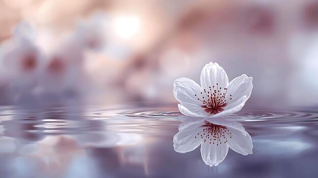 Hyperrealistic White Sakura Flower Floating on Reflective Water with Soft Pastel Bokeh Effect photo