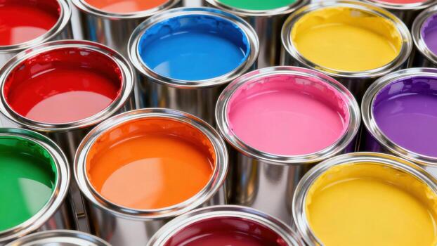 Top view of multiple open paint cans filled with bright colorful paints photo