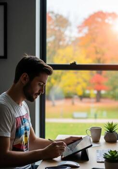Man working on a tablet with a view of the park through the window photo