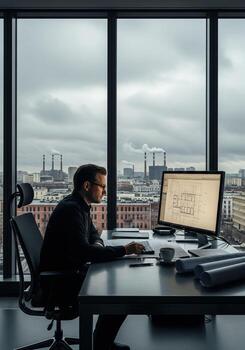 Architect working at desk with city view through window on a cloudy day photo