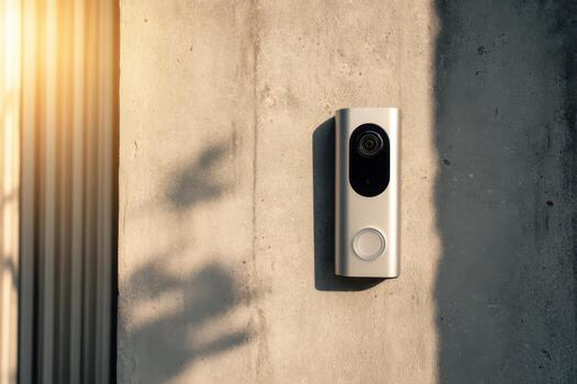 elegante timbre de la puerta instalado en un hormigón pared tomando el sol en calentar tarde ligero foto