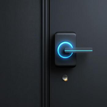 Modern smart door lock showcases sleek design and glowing interface in a contemporary setting photo