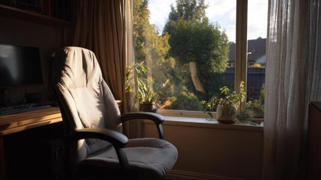 Cozy and inviting workspace featuring a gray office chair next to a sunlit window with indoor plants. photo