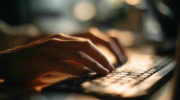Close-up of male hands typing on a laptop keyboard, illuminated by soft natural light. photo