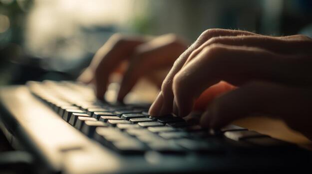 Close-up of hands typing on a keyboard in a warm, natural light setting, conveying focus and productivity. photo