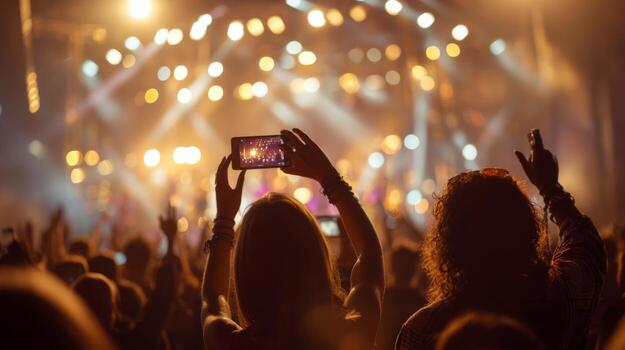 Silhouetted crowd at a vibrant concert, capturing the electrifying atmosphere with their smartphones. photo