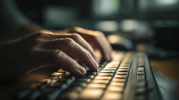 un de cerca de un de la persona manos mecanografía en un teclado, iluminado por suave, natural ligero en un acogedor espacio de trabajo foto