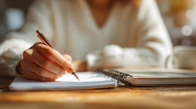 A close-up of a woman's hand writing in a notebook, bathed in soft, warm sunlight, creating an inviting and contemplative atmosphere. photo