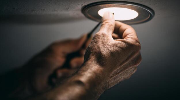 A close-up of a male's hand skillfully replacing a lightbulb in a ceiling fixture, showcasing attention to detail. photo