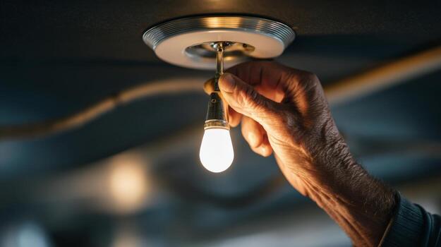 A close-up of a hand adjusting a vintage light bulb socket, illuminating a cozy indoor space. photo