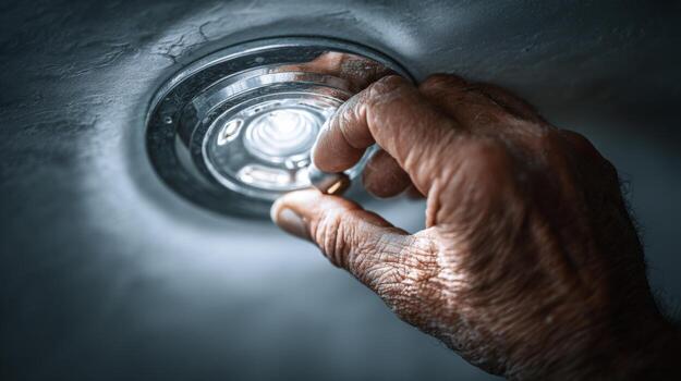 A close-up of a hand adjusting a ceiling light fixture, showcasing intricate details and warm lighting. photo