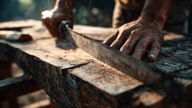 Close-up of a man's hands skillfully sawing wood, capturing the texture of the lumber and the fine dust particles in the sunlight. photo