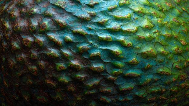 Close-up of textured green avocado skin showcasing intricate patterns and shades. photo