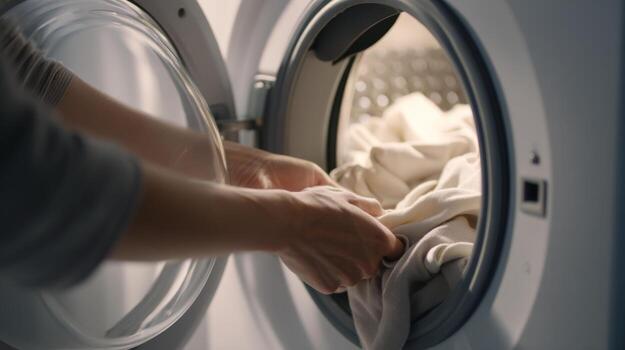A close-up of a woman's hands sorting laundry from a modern washing machine. photo