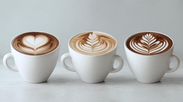 Three elegant cups of coffee with beautiful latte art designs, showcasing heart and leaf patterns in creamy foam. photo