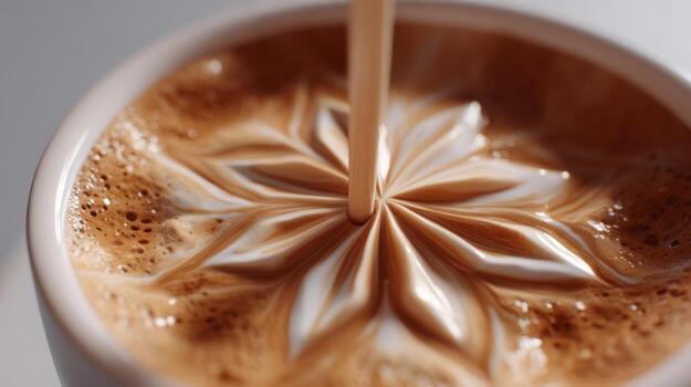 Close-up of a beautifully crafted coffee cup featuring intricate latte art in a creamy swirl pattern. photo