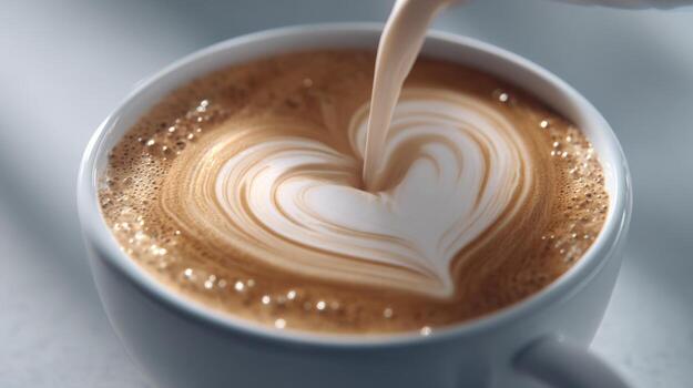 A close-up of espresso being poured into a cup, creating a heart pattern with frothy milk, symbolizing love and warmth. photo