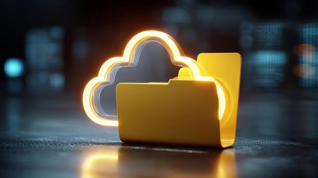 A glowing yellow folder icon with a cloud symbol, representing digital storage and cloud computing technology. photo