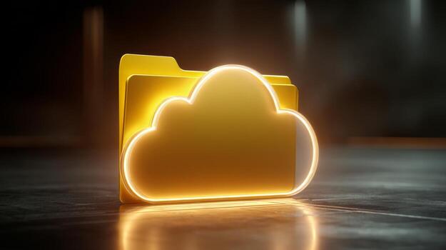 A glowing yellow cloud-shaped folder symbolizing digital storage and accessibility. photo