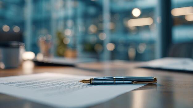 A close-up of a sleek silver and gold pen resting on a document in a modern office setting, exuding professionalism and elegance. photo