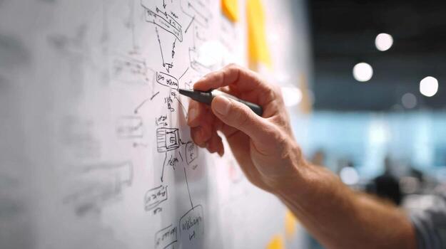 A close-up of a male's hand, sketching ideas on a whiteboard filled with diagrams and notes. photo