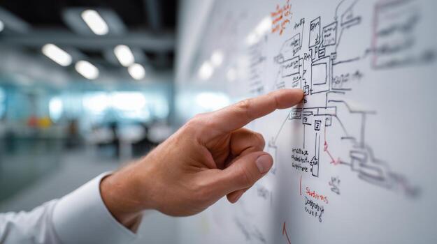 A close-up of a male hand pointing at a complex diagram on a whiteboard in a modern office setting. photo