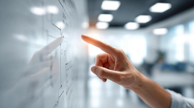 A close-up of a business professional's hand pointing at a diagram on a glass wall, symbolizing collaboration and innovation. photo