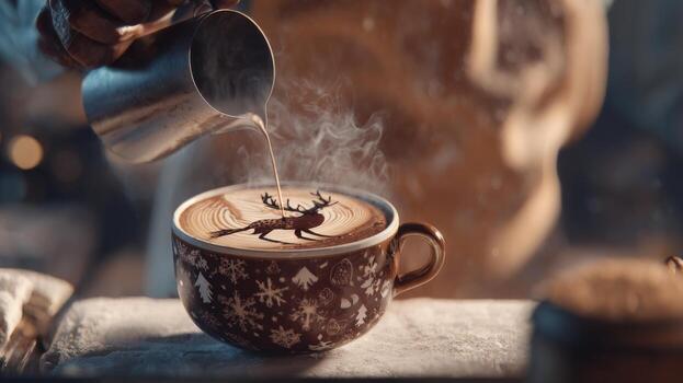 un hábil barista, con oscuro piel, expertamente vierte al vapor Leche dentro un festivo chocolate latté, creando un intrincado reno diseño. foto