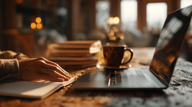A cozy workspace featuring a hand on a notebook beside a laptop and a warm cup of coffee, creating an inviting and productive atmosphere. photo