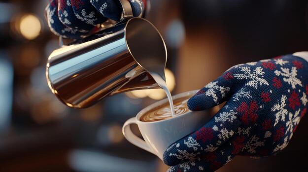 A barista pouring steamed milk into a cup, wearing festive gloves with snowflake patterns, creating latte art. photo